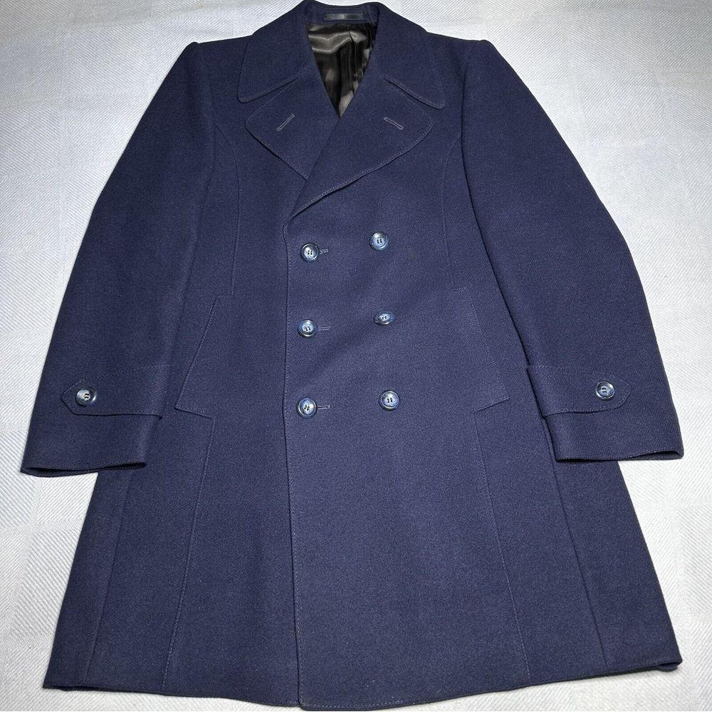 Vintage Carson Pirie Scott Navy Wool Double Breasted Overcoat Men's Size 44R‎
